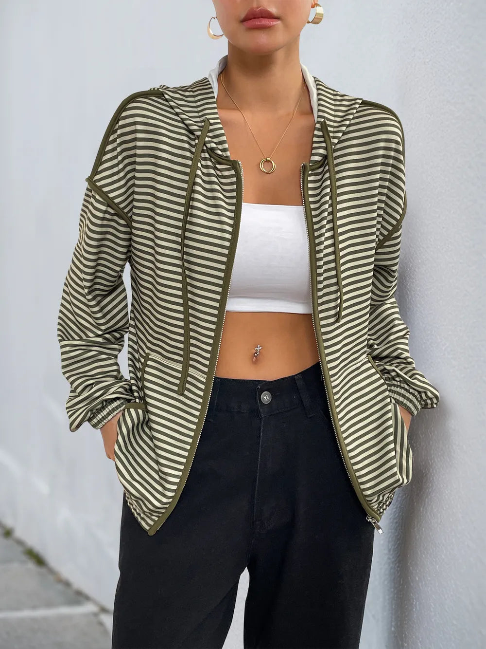 Striped Zip Up Oversized Hoodie